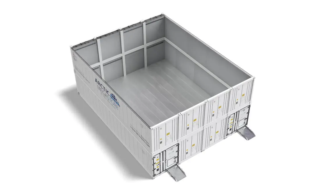 Interior view of Arctic MegaStore temperature-controlled storage container with insulated walls and flooring